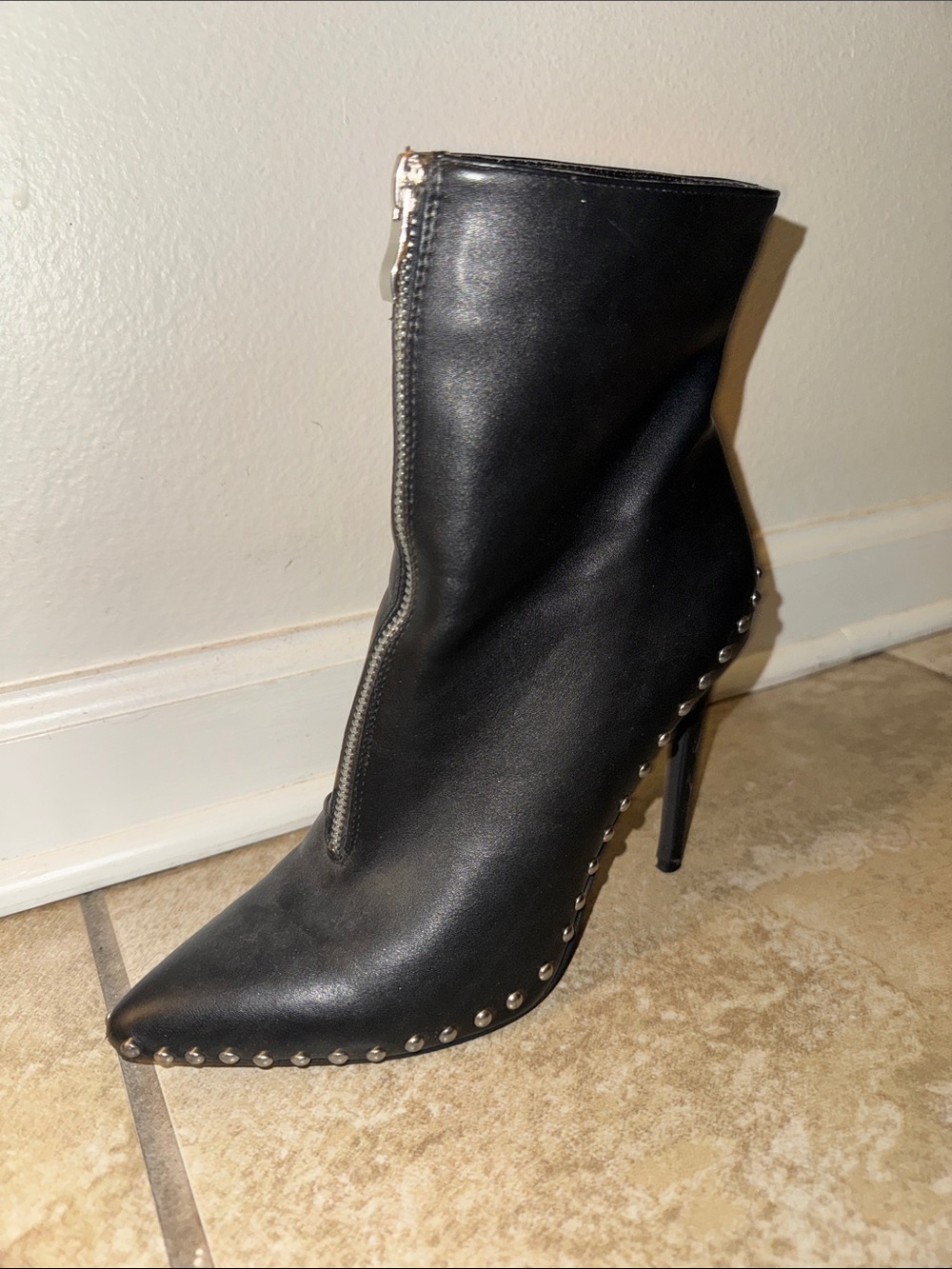 Studded Black Faux Leather Pointed-Toe High Heel Booties with zipper down middle